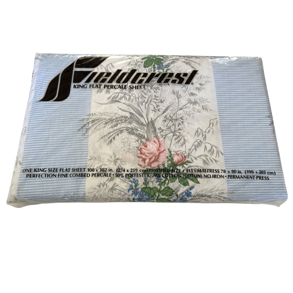 Vtg Fieldcrest "Swiss floral Stripes" 180 Thread KING Flat Sheet NEW